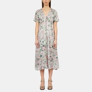 The Kooples Flowing Flowers Pale Floral V-Neck Button Midi Dress